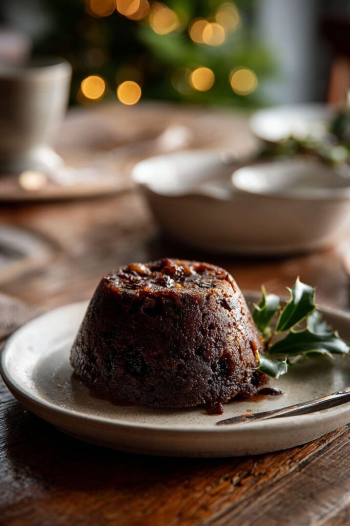 Slice of christmas pudding served with brandy butter
