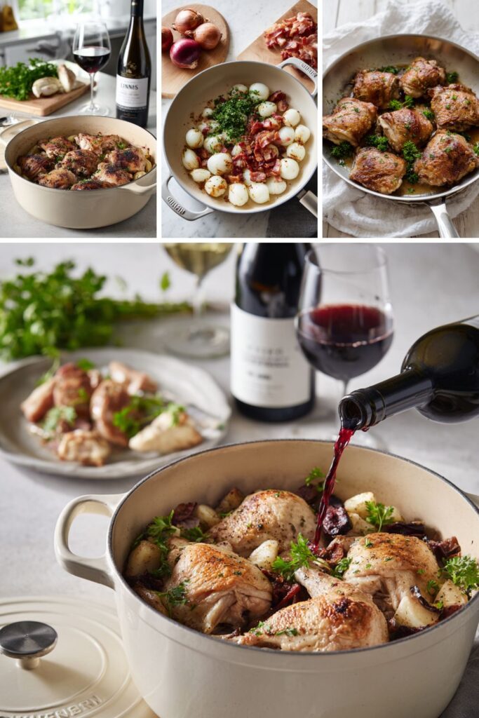 Chicken pieces in red wine sauce served from a Le Creuset casserole dish