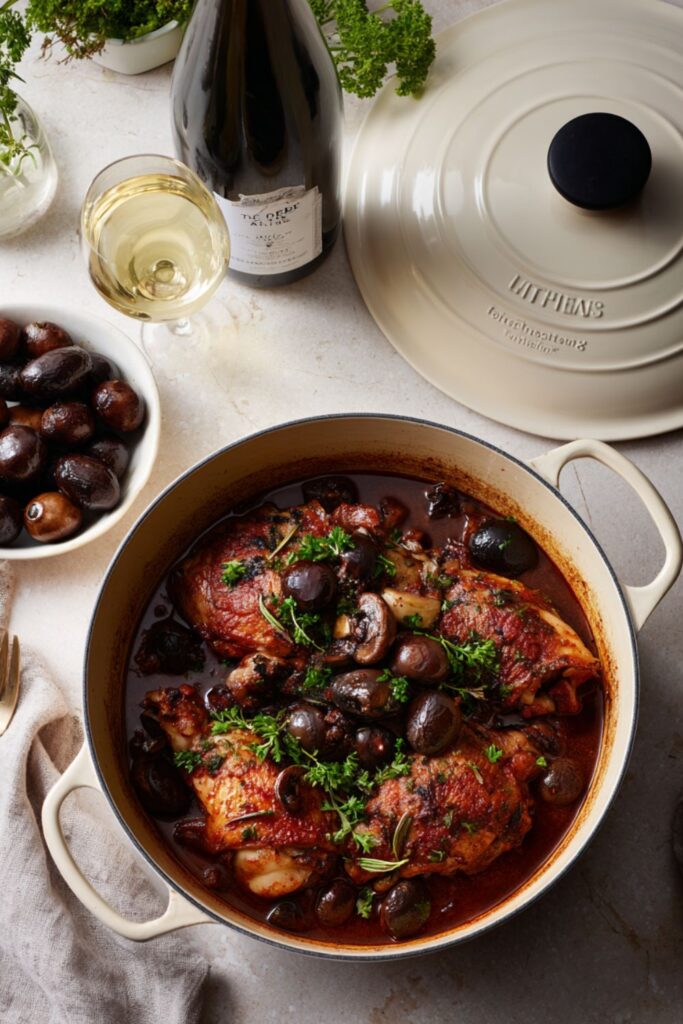 Coq au vin plated with sauce and fresh parsley garnish