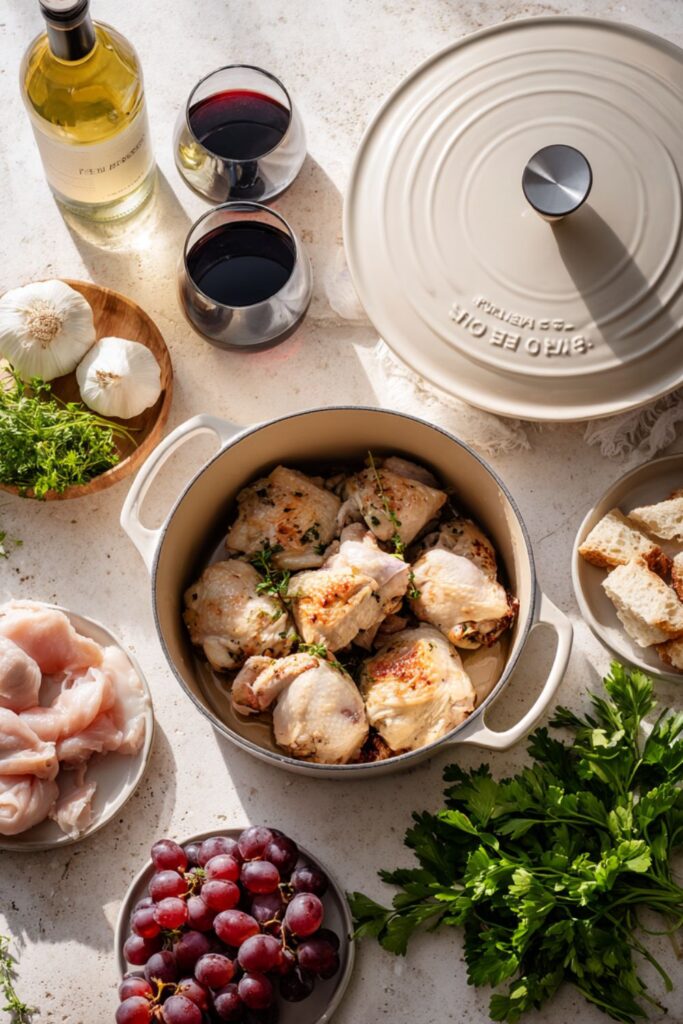 Coq au vin braised in a cast iron casserole dish with red wine sauce