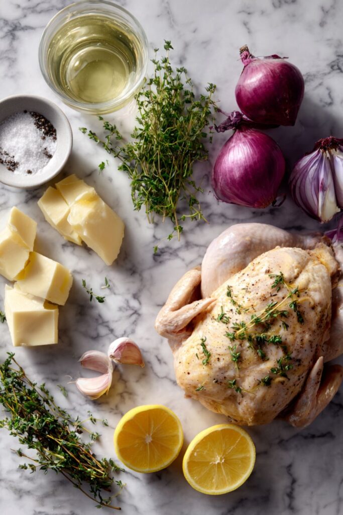 Delia Smith roast chicken ingredients in a flameproof roasting tin with lemon, thyme and garlic