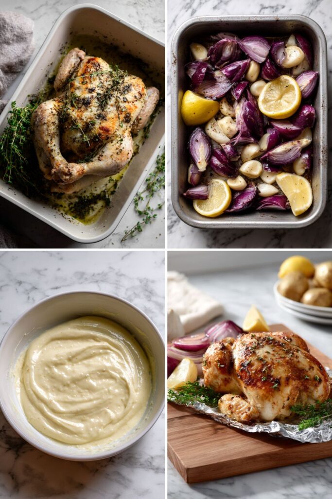 Golden roast chicken resting on a carving board after cooking in a stainless steel roasting tin