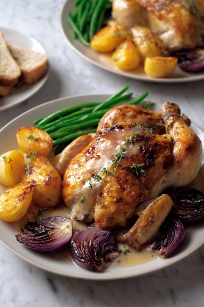 Carved roast chicken served with white wine sauce from the roasting tin
