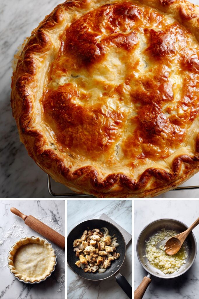 Golden puff pastry chicken and mushroom pie in a ceramic pie dish fresh from the oven