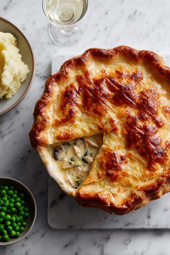 Slice of chicken and mushroom pie from a ceramic pie dish served with steamed garden peas
