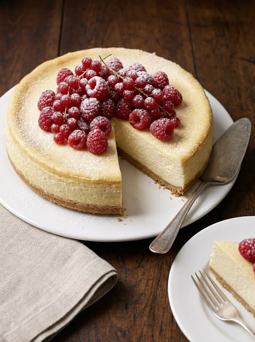 Baked vanilla cheesecake with raspberries