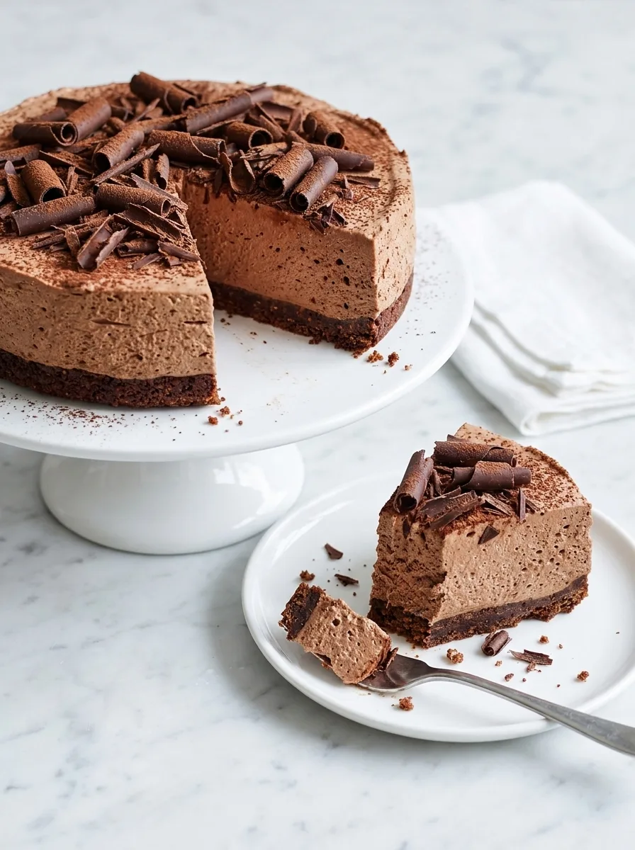 Delia Smith chocolate ricotta cheesecake with chocolate curls cocoa powder and a slice
