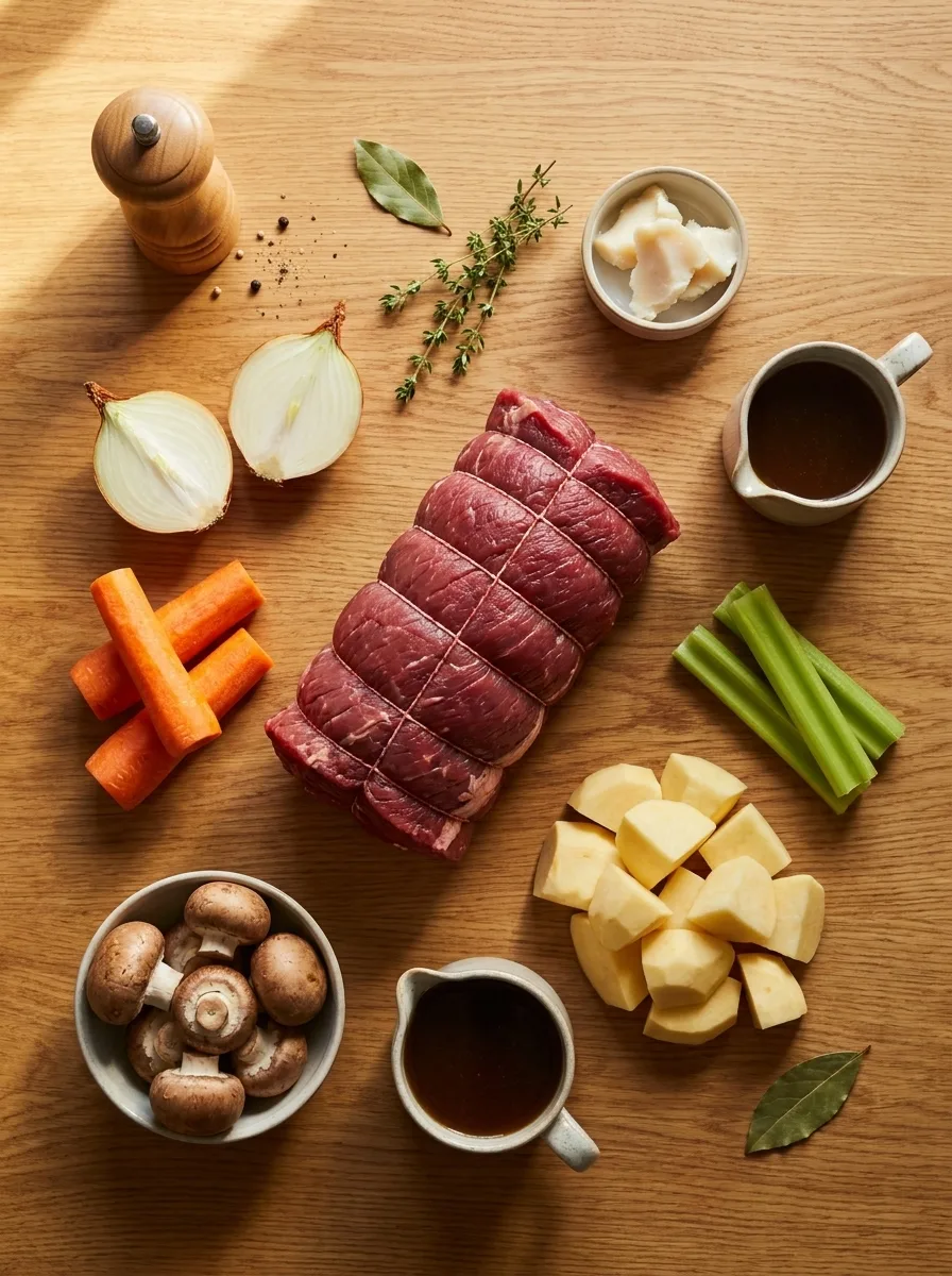 Delia Smith beef brisket ingredients flat lay with rolled brisket carrots celery swede mushrooms and herbs