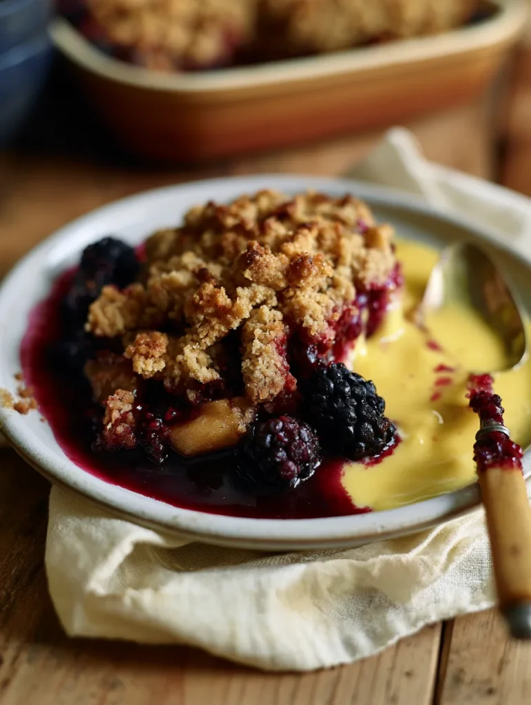 Delia Smith blackberry and apple crumble served with custard