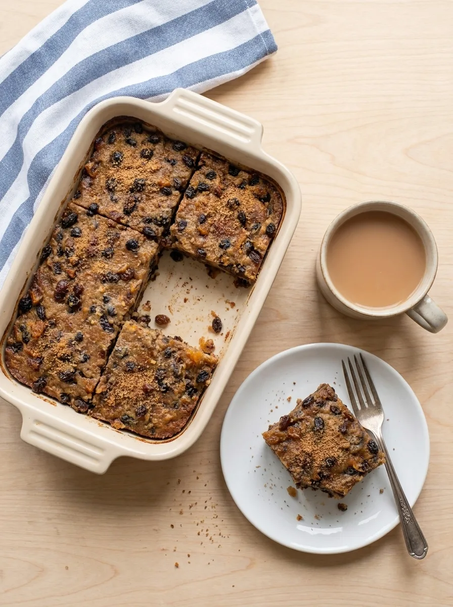 Bread pudding cut into squares with cup of tea