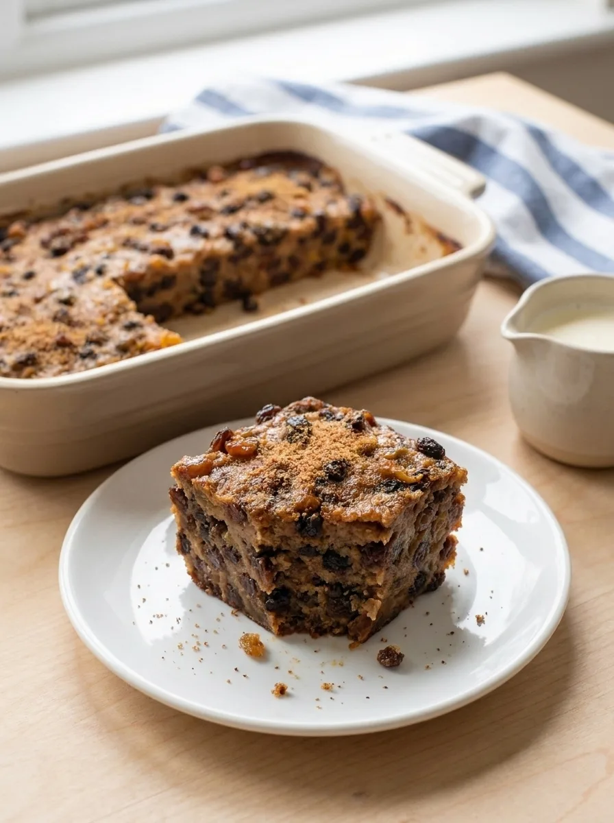 Slice of Delia Smith bread pudding on white plate with cream jug