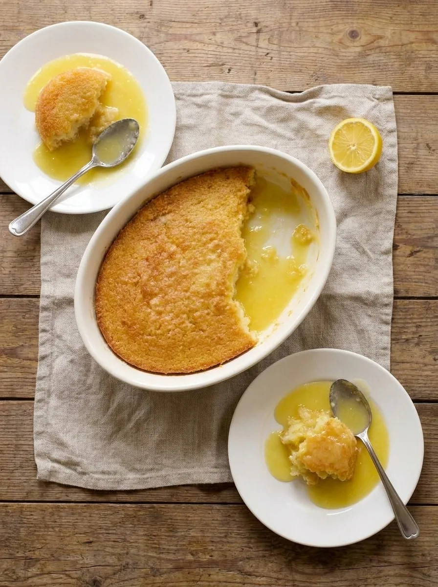 Overhead lemon surprise pudding on table