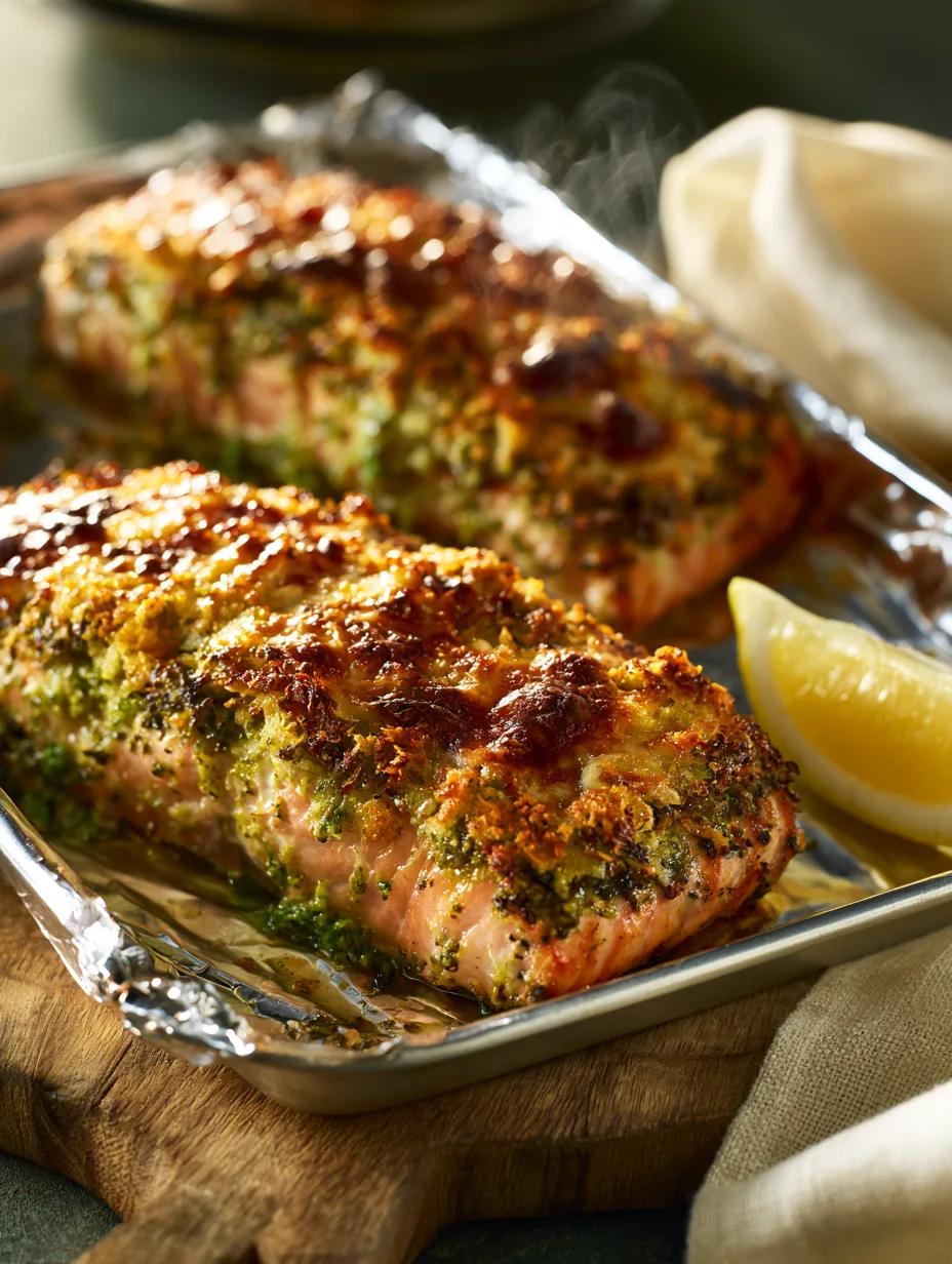 Delia Smith pesto crusted salmon served on plate with lemon