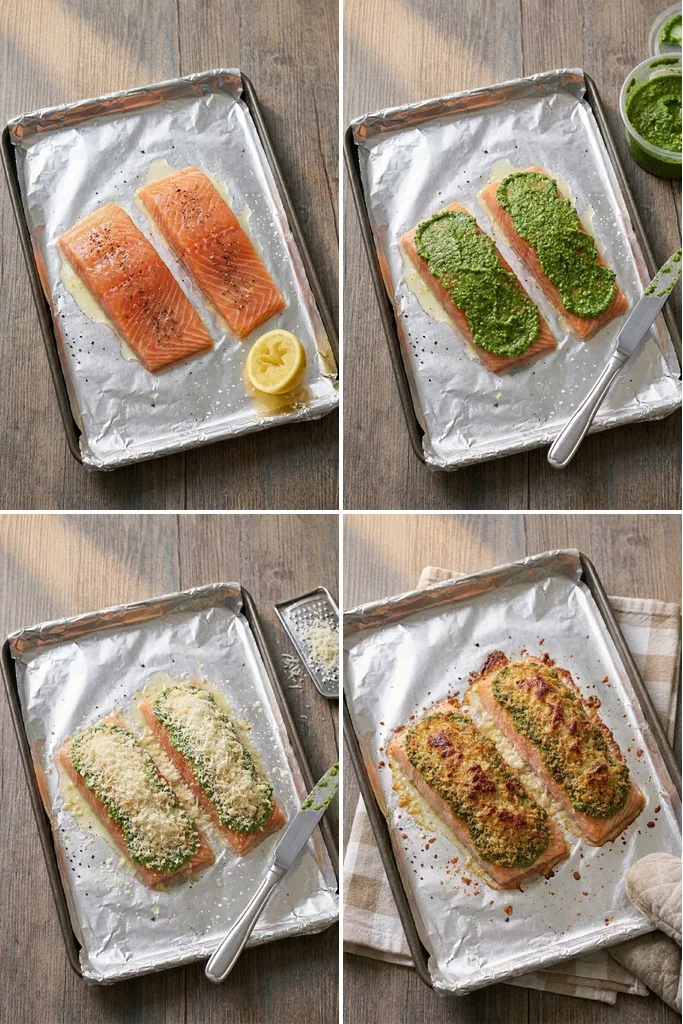Step by step pesto crusted salmon from seasoned to baked