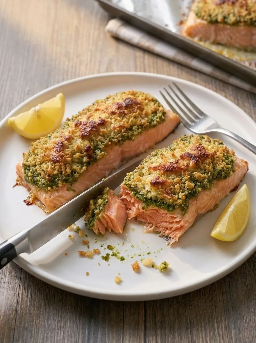 Delia Smith pesto crusted salmon with golden crust and cross-section showing layers
