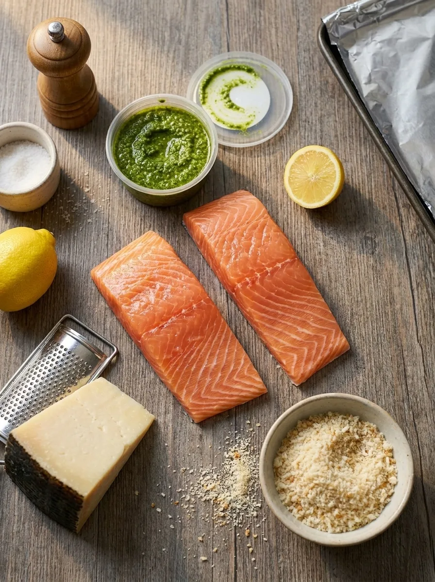 Ingredients for Delia Smith pesto crusted salmon