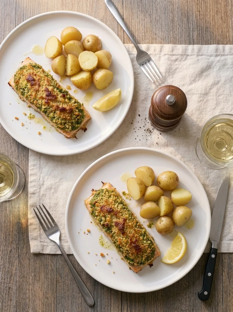 Pesto crusted salmon dinner for two with new potatoes
