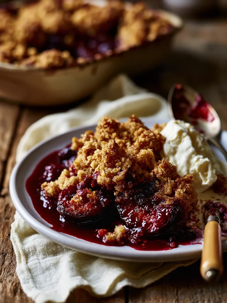 Delia Smith plum crumble served with cream