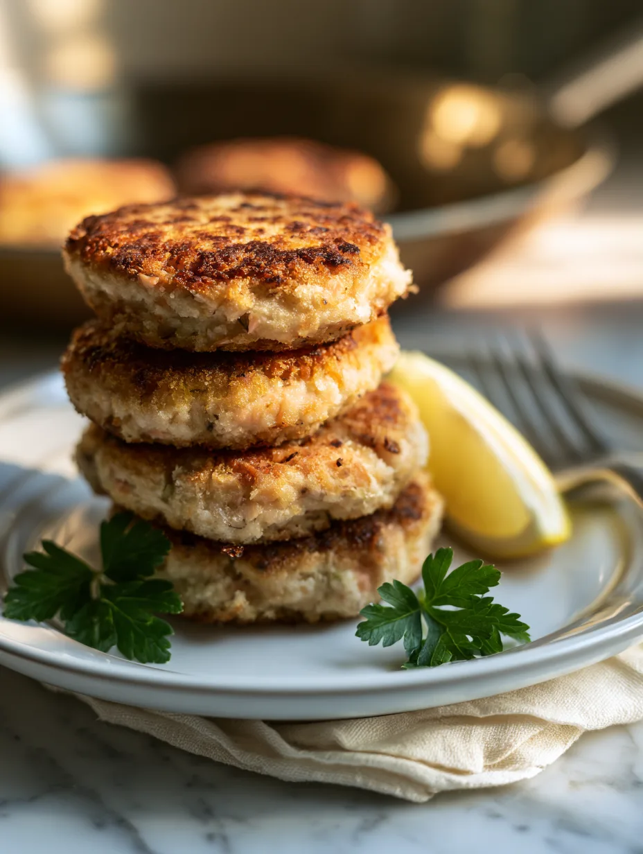 Delia Smith salmon fishcakes stacked on plate with lemon and parsley