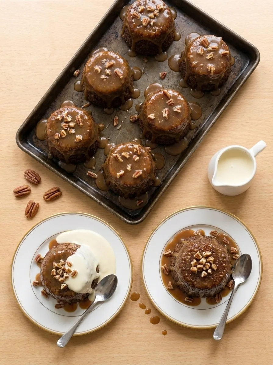 Overhead view of sticky toffee puddings