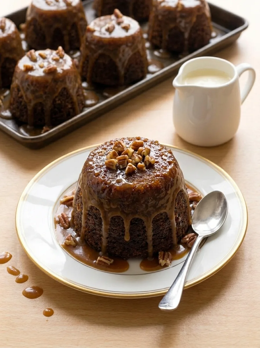Delia Smith sticky toffee pudding with pecan toffee sauce and cream