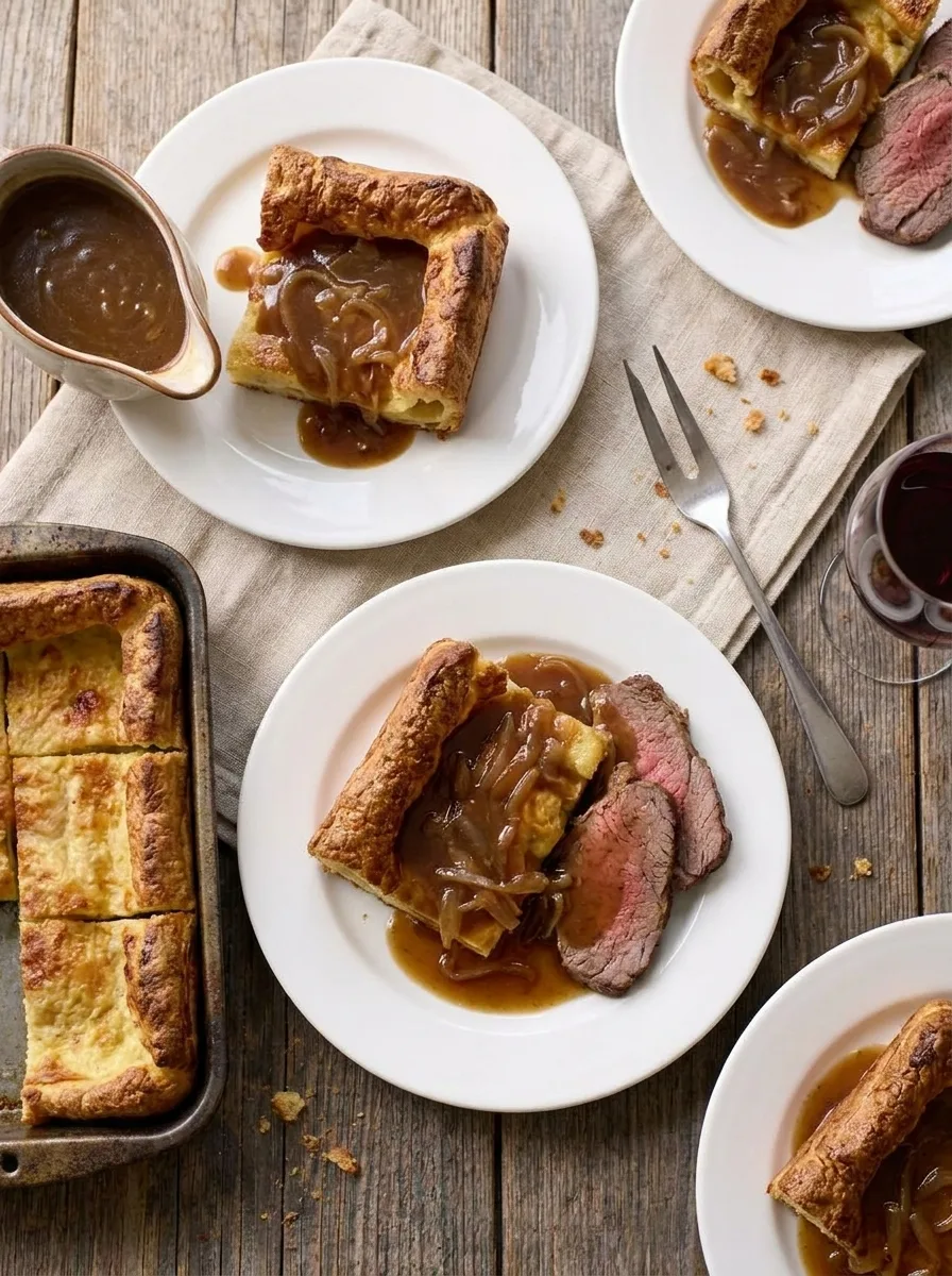 Yorkshire pudding for 12 Christmas dinner table from above