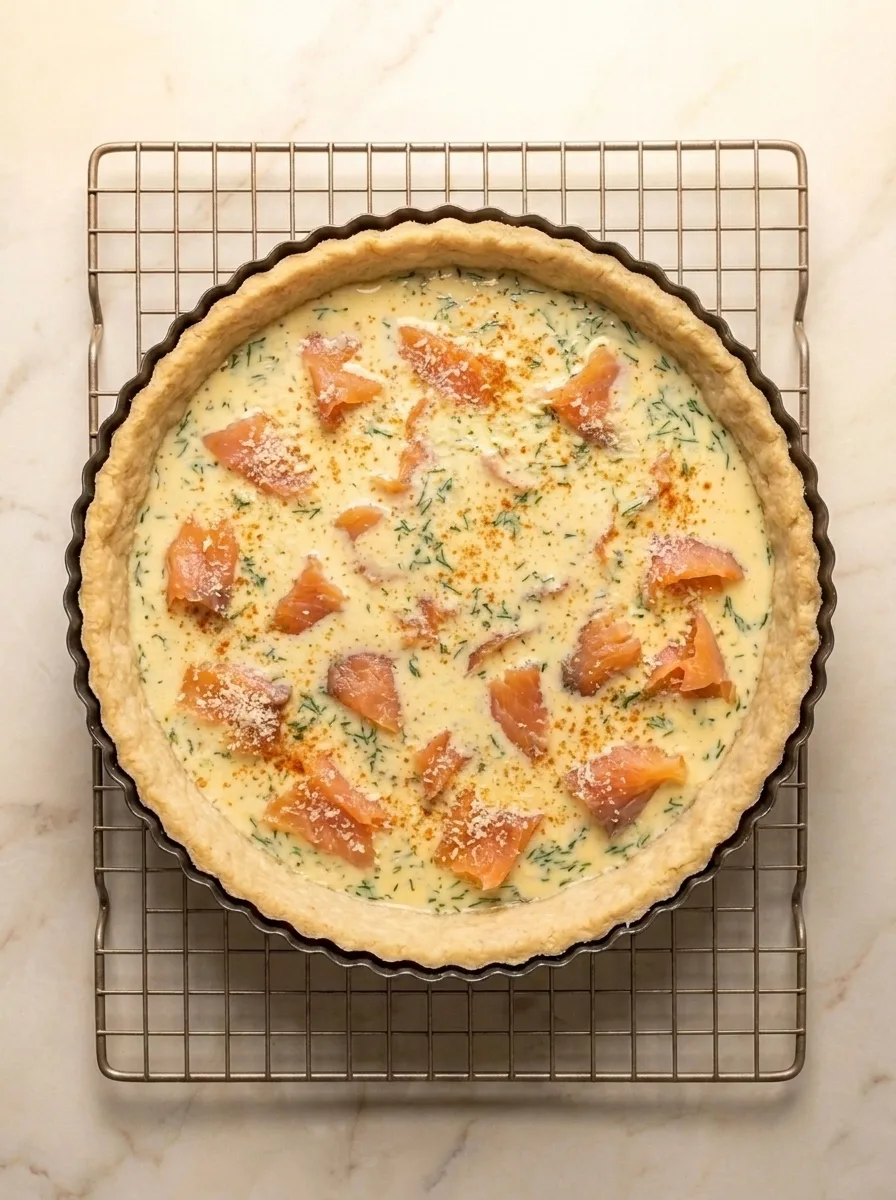 Smoked salmon quiche assembled ready to bake