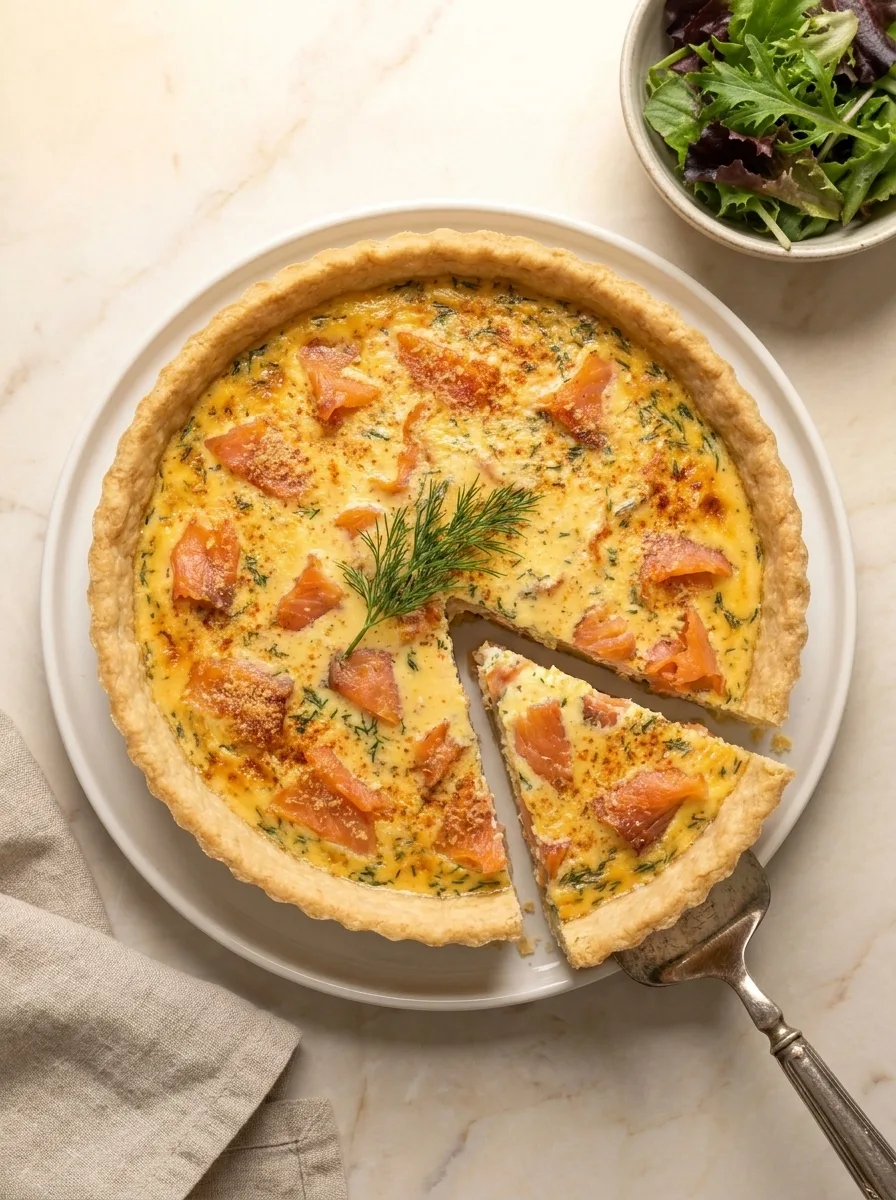 Baked smoked salmon and dill quiche with a slice cut showing salmon and dill filling