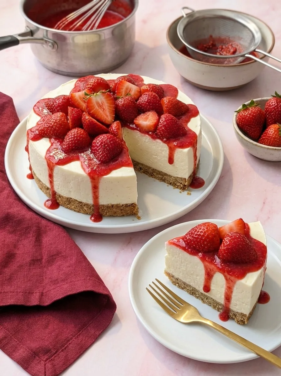 Delia Smith strawberry cheesecake topped with fresh strawberries and coulis with a slice