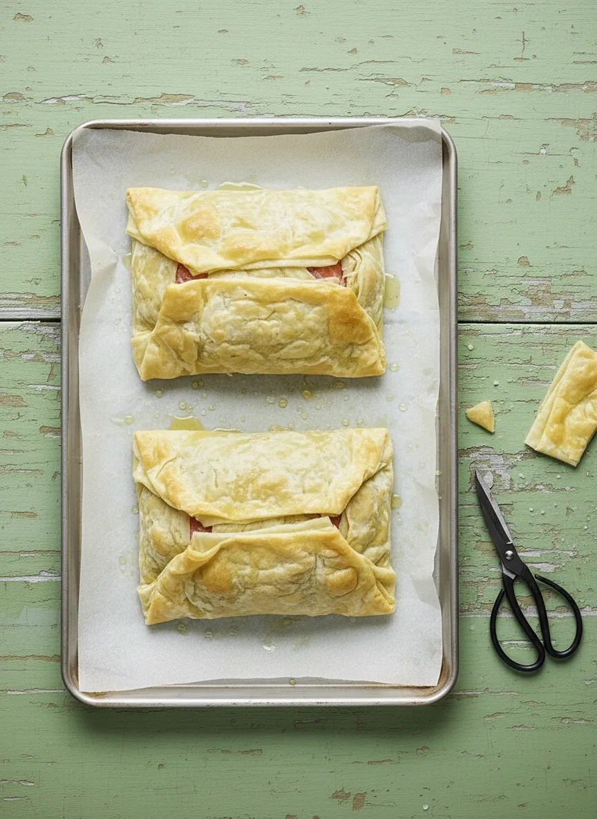 Thai salmon filo parcels ready to bake