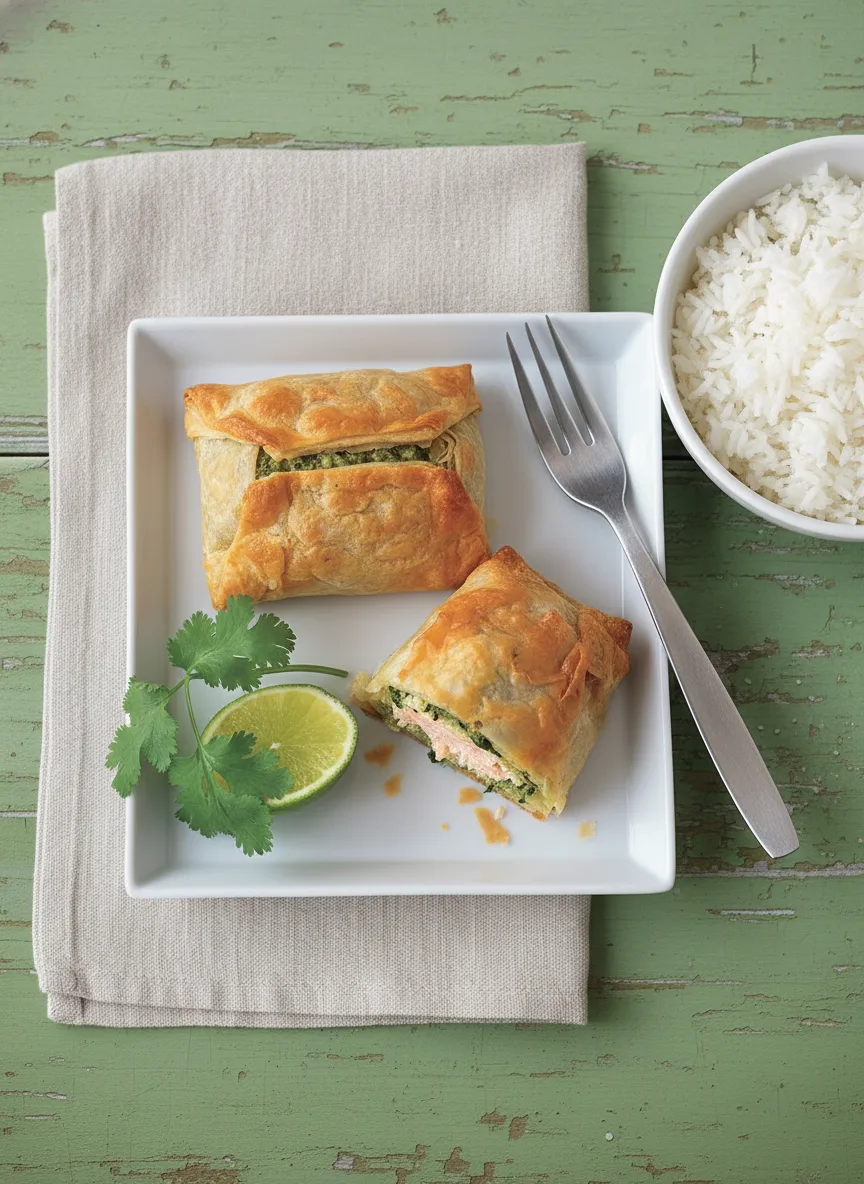 Baked Thai salmon filo parcels with herb paste and salmon inside served with jasmine rice