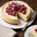 Delia Smith baked vanilla cheesecake topped with raspberries and redcurrants with a slice cut