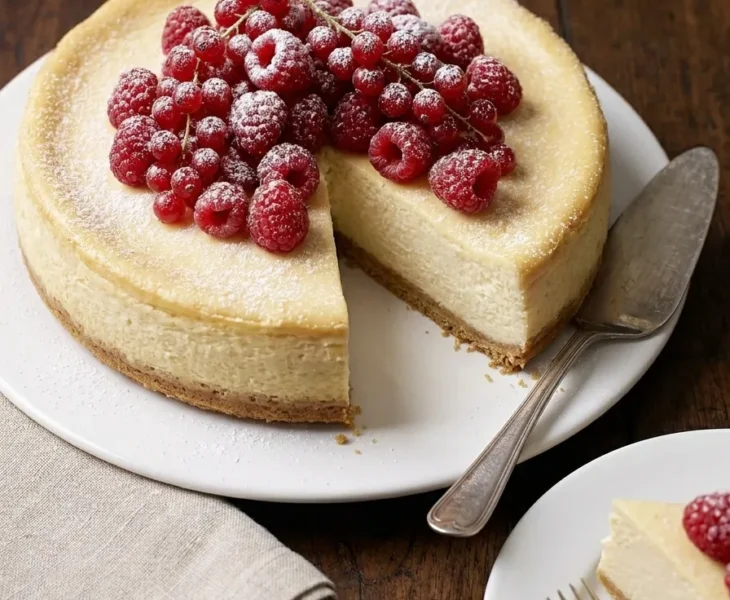 Delia Smith baked vanilla cheesecake topped with raspberries and redcurrants with a slice cut