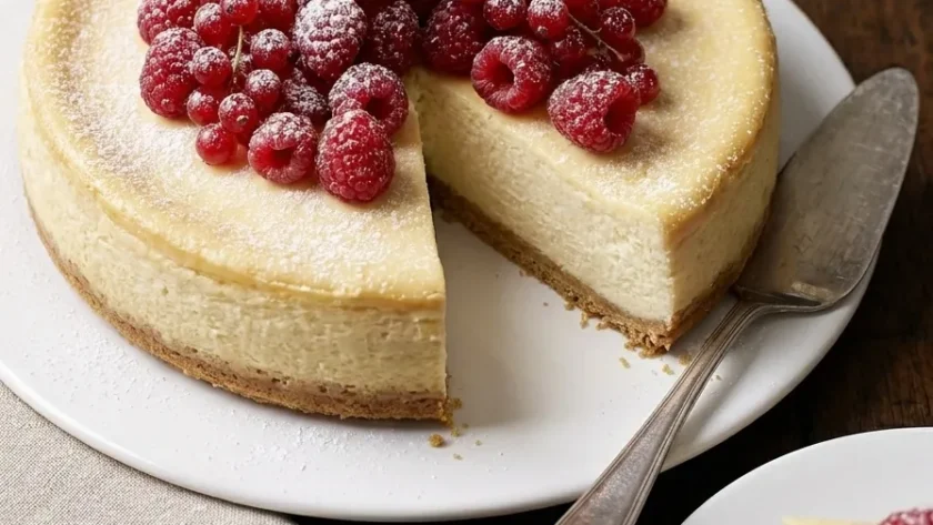 Delia Smith baked vanilla cheesecake topped with raspberries and redcurrants with a slice cut