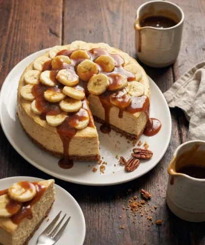 Delia Smith banoffee cheesecake with banana slices and toffee pecan sauce
