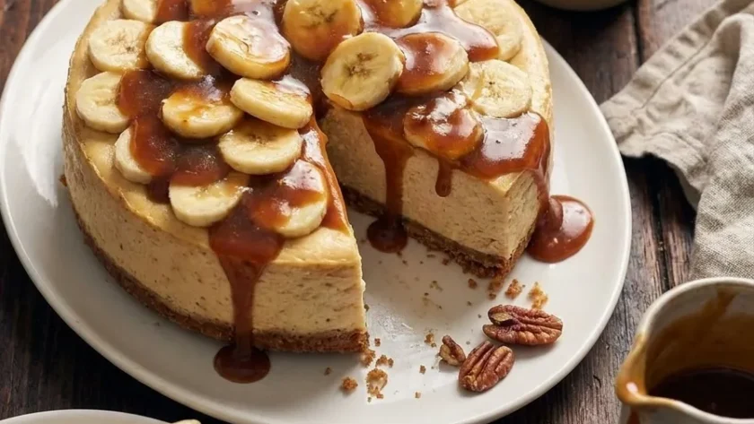 Delia Smith banoffee cheesecake with banana slices and toffee pecan sauce