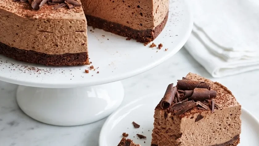 Delia Smith chocolate ricotta cheesecake with chocolate curls cocoa powder and a slice