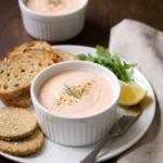Salmon mousse in ramekin served with toast oatcakes rocket and lemon