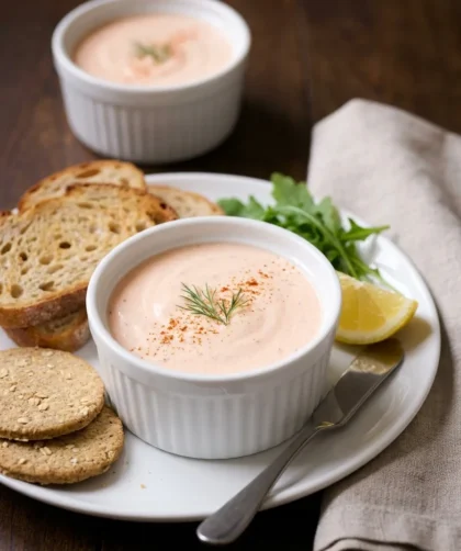Salmon mousse in ramekin served with toast oatcakes rocket and lemon