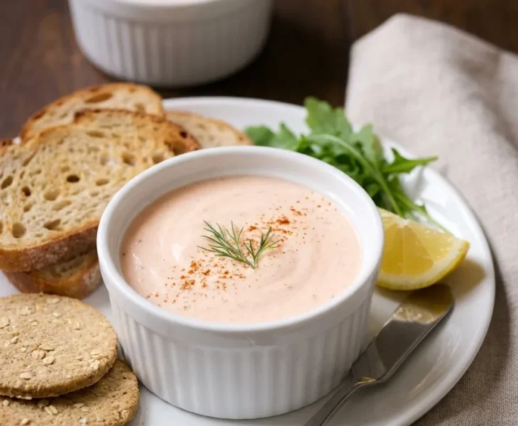 Salmon mousse in ramekin served with toast oatcakes rocket and lemon