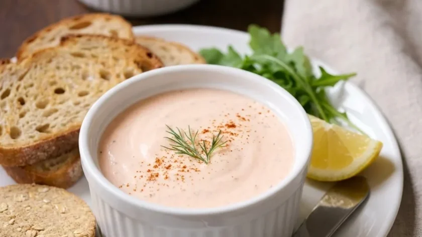 Salmon mousse in ramekin served with toast oatcakes rocket and lemon
