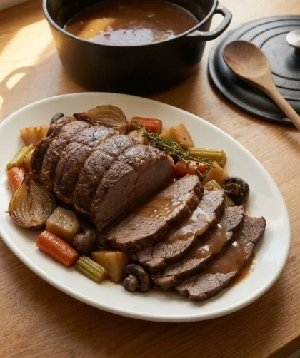Sliced Delia Smith beef brisket on serving platter with braised vegetables and gravy
