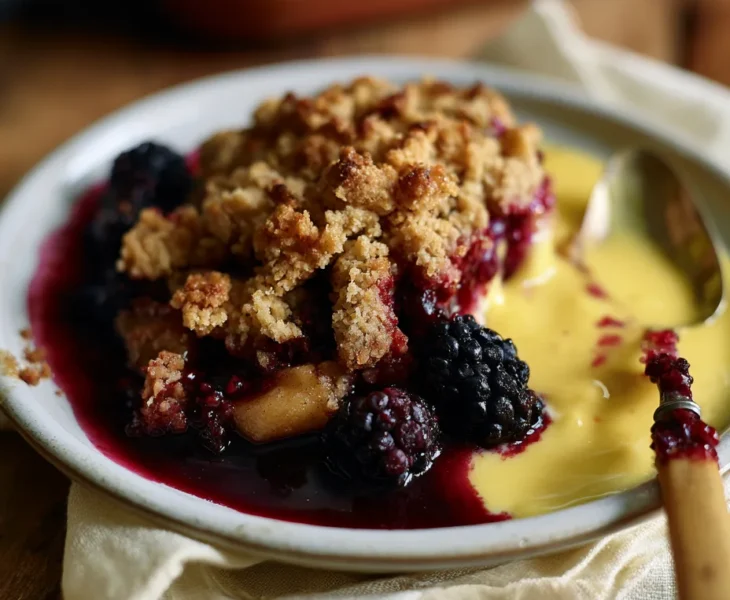 Delia Smith blackberry and apple crumble served with custard