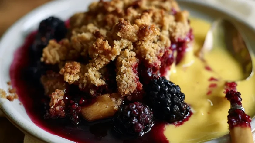 Delia Smith blackberry and apple crumble served with custard