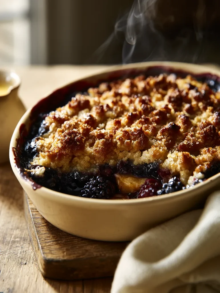 Freshly baked Delia Smith blackberry and apple crumble with purple juice bubbling