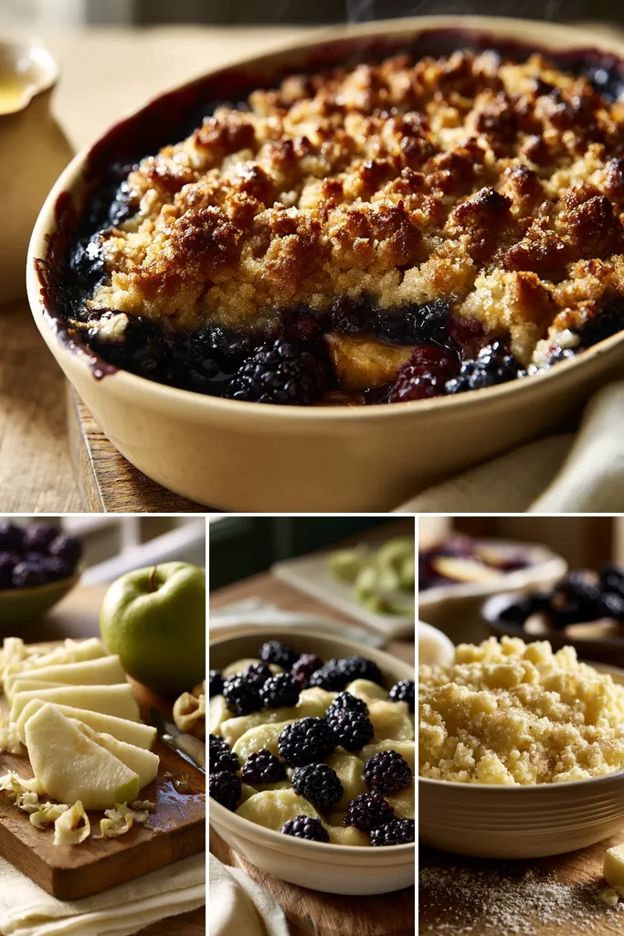 Step by step photos showing how to make blackberry and apple crumble