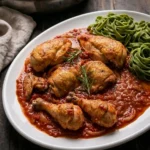 Delia Smith chicken cacciatore plated with green tagliatelle and rosemary