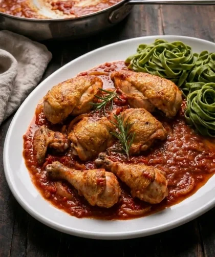 Delia Smith chicken cacciatore plated with green tagliatelle and rosemary