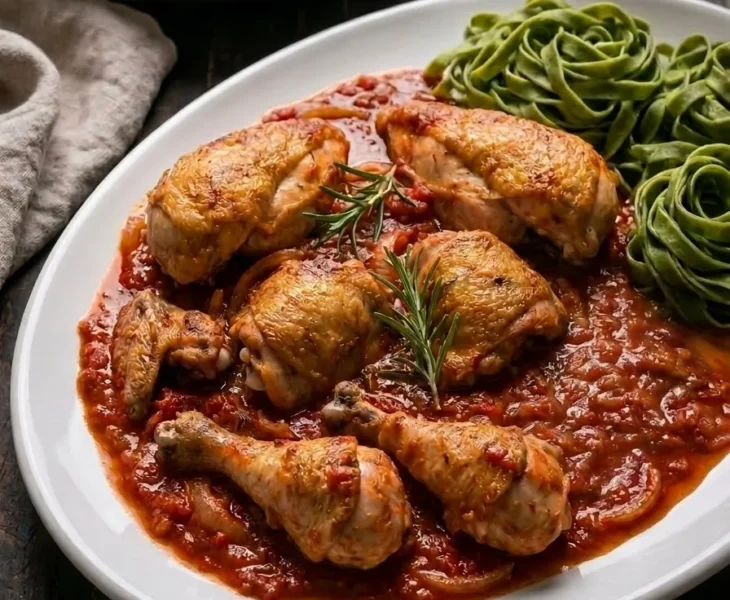 Delia Smith chicken cacciatore plated with green tagliatelle and rosemary