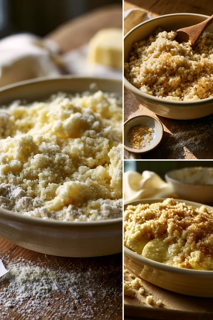 Step by step photos showing how to make Delia Smith crumble topping